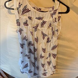 LOFT Cream and Purple Leaf Print Blouse